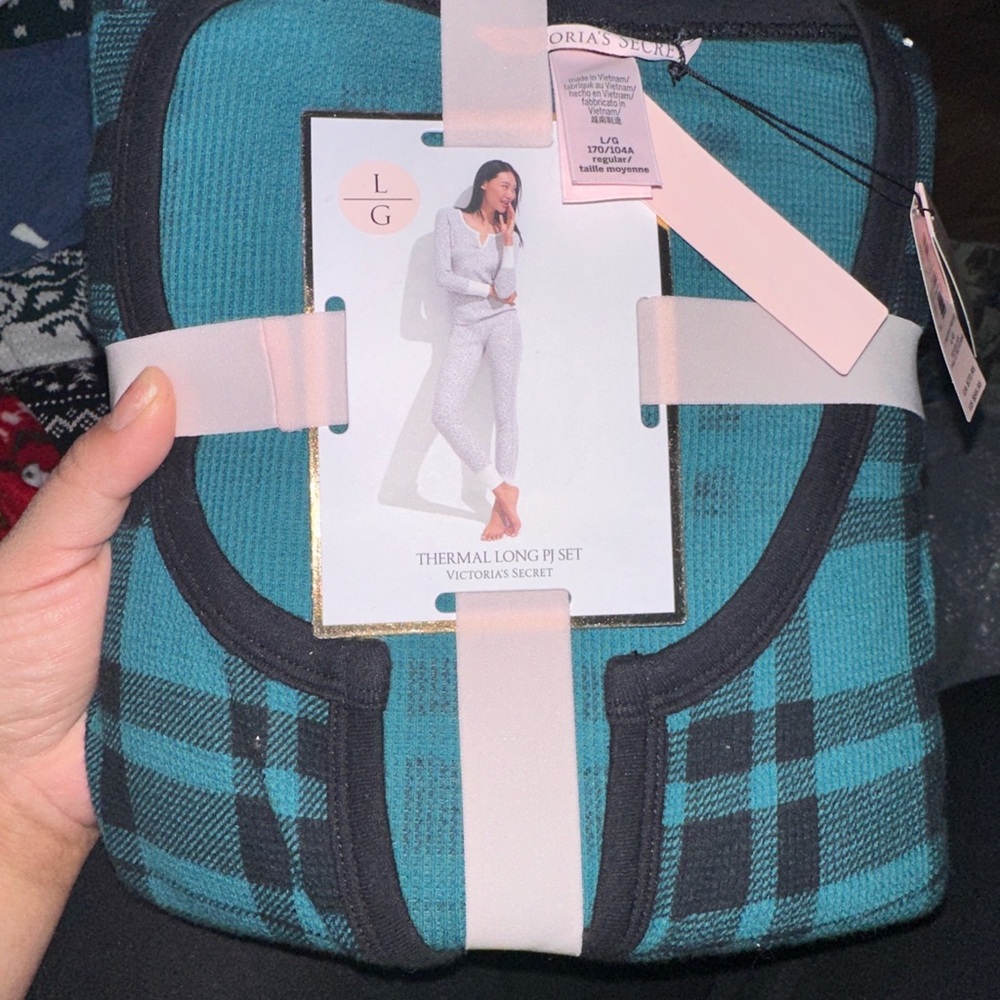 Victoria's Secret Teal Plaid Thermal Long PJ Set